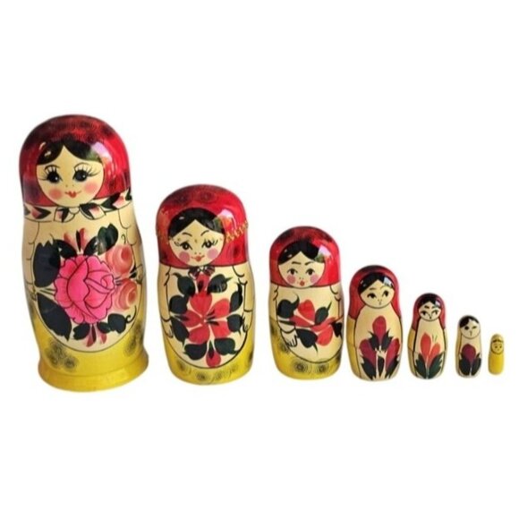 Russian Nesting Dolls Set of 7 Hand Painted Russia Floral Woman Aprx 6" - Picture 1 of 7